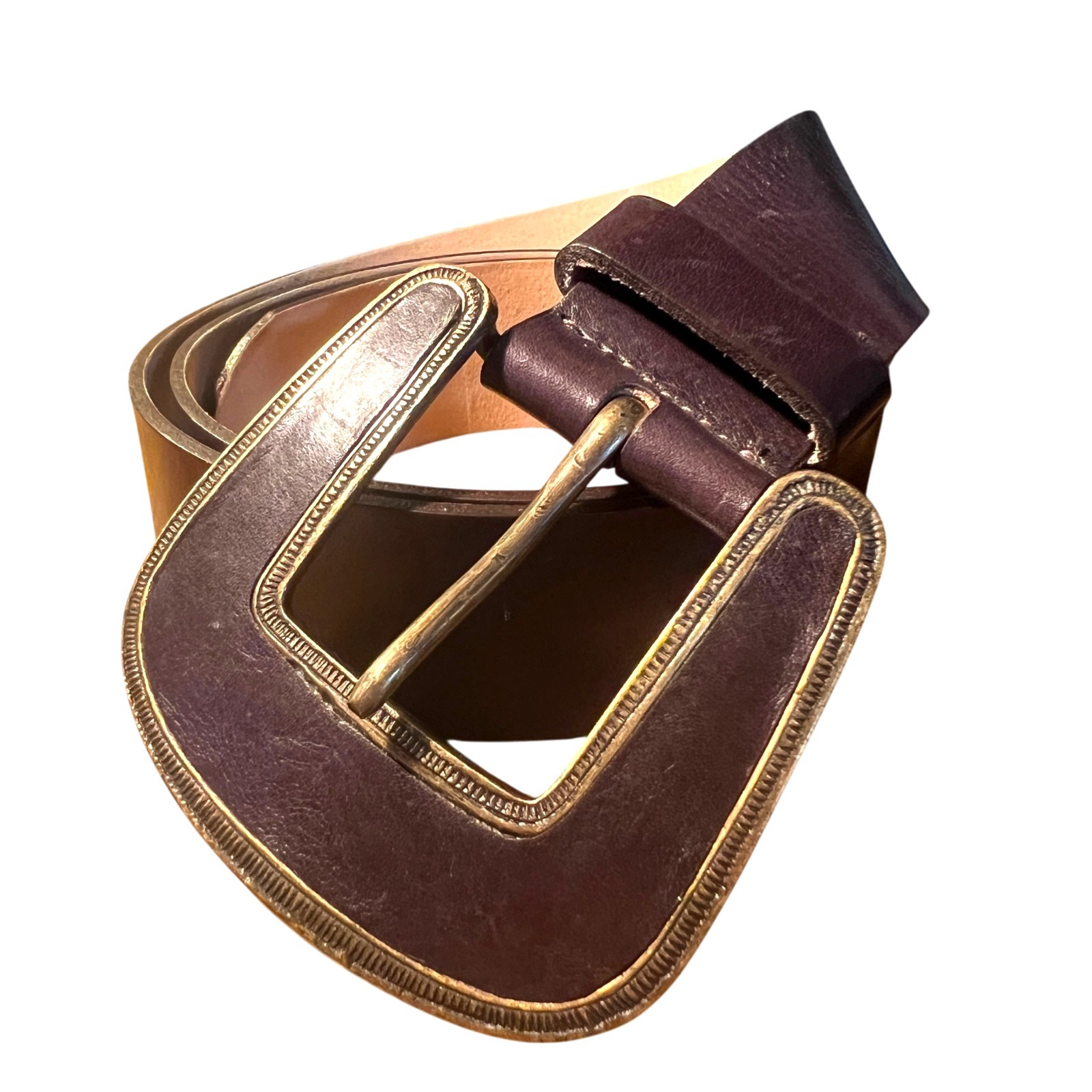 Streets Ahead Brown Leather Belt Large Brass Buckle Women's Size S Made Usa
